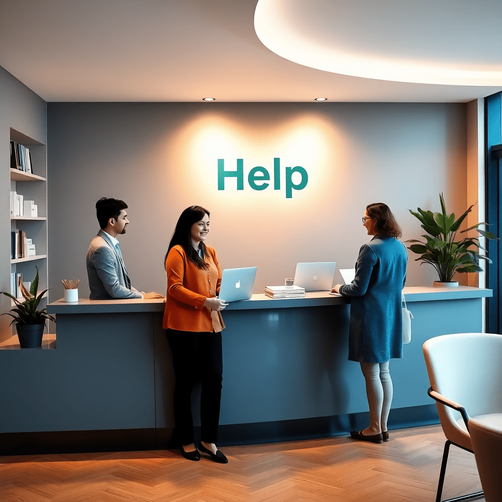 Modern help desk with multilingual support staff assisting new immigrants in Italy, warm lighting, professional office setting